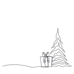 Continuous line drawn christmas gift under the tree. Holiday sketch. Minimal style. Modern art. For greeting banner, card, poster. Vector illustration.
