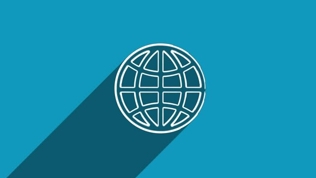White line globe icon with shadow isolated on blue background. Shadow reflection design. 4K video motion graphic animation.