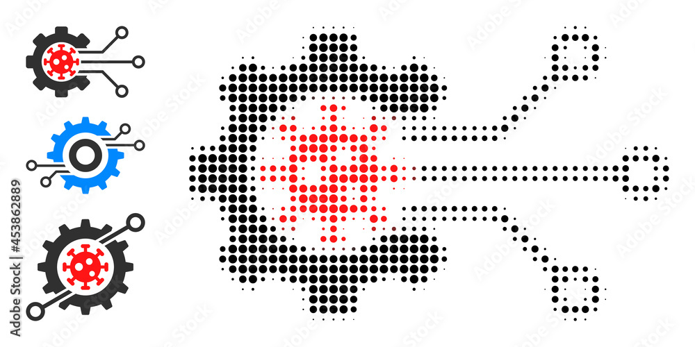 Poster halftone virus engineering. dotted virus engineering made with small round pixels. vector illustrati