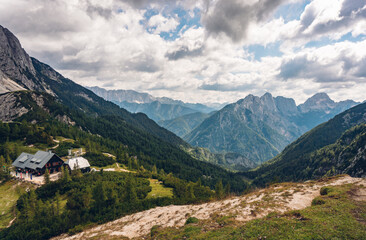 Landscape in the mountains. Vršič pass, Triglav National Park, Krajnska Gora location, Slovenia, Europe. Traveling concept background.