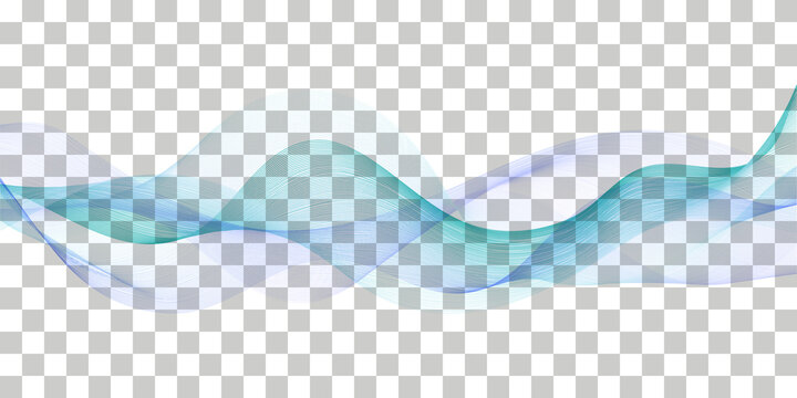 Wave swoosh; blue and teal color flow. Wavy swirl; sea water or air wind abstract design for banner decoration, isolated on transparent background. Vector illustration.