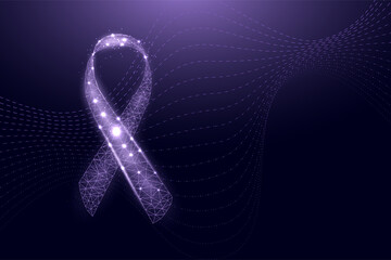 Domestic Violence Awareness Month concept. Banner template with glowing low poly purple ribbon. Futuristic modern abstract background. Vector illustration.