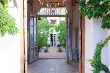 View of courtyard through French doors