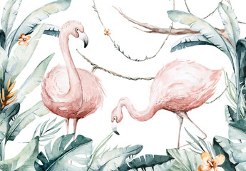Hand drawn watercolor tropical flamingo birds. set of African flamingos. Exotic rose bird illustrations, jungle tree, brazil trendy art. Perfect for fabric design. - obrazy, fototapety, plakaty