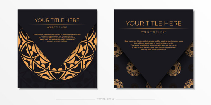 Ready-to-print design of a postcard in black color with orange ornaments. Invitation template with space for your text and abstract patterns.