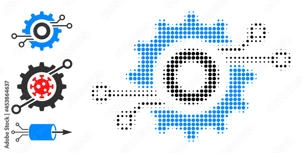 Poster halftone nanobot circuit wheel. dotted nanobot circuit wheel constructed with small circle pixels. v
