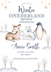 Baby shower invitation with polar arctic animals watercolor collection set. snowy owl. reindeer. polar bear. fox. penguin, walrus. seal and oeca, hare whale