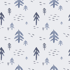 Watercolor green trees seamless pattern on white background. Design for Happy New Year and Christmas print, wallpaper, textile. primitive naive