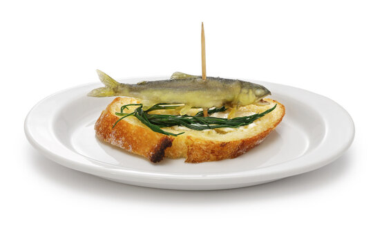 young sweetfish tempura pincho isolated on white background