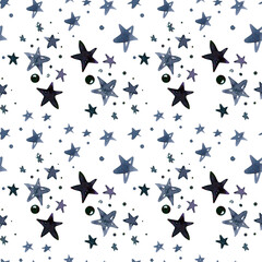 Seamless watercolor stars pattern blue illustration