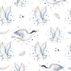 Seamless watercolor pattern nursery polar arctic animals watercolor collection set. snowy owl. reindeer. polar bear. fox. penguin, walrus. seal and oeca, hare whale