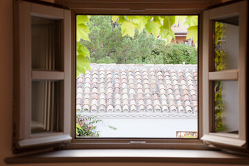 View of courtyard through window