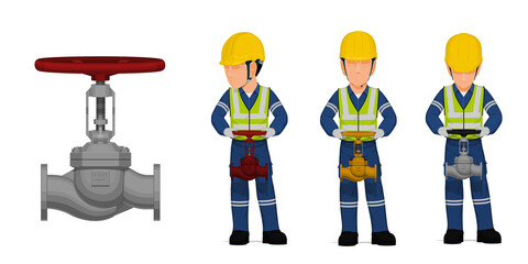 set of worker is operating globe valve on white background