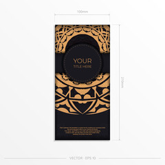 Ready-to-print postcard design in black color with orange patterns. Vector Invitation card template with place for your text and abstract ornament.