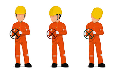 set of worker is holding hand wheel on white background