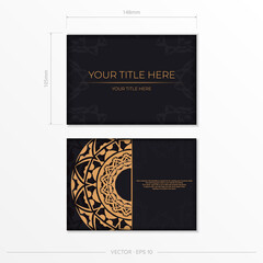 Vector Ready to print postcard design in black color with orange patterns. Invitation card template with place for your text and abstract ornament.