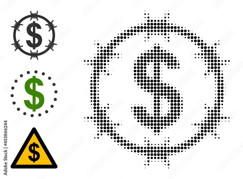 Poster halftone barbed wire dollar. dotted barbed wire dollar designed with small circle pixels. vector ill