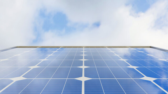 Solar power panel with perspective view. Blue sky. Clean energy concept.
