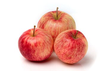 Three colorful pink apples on a white background.