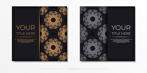 Invitation card design with space for your text and abstract patterns. Vector Ready to print postcard design in black color with orange patterns.