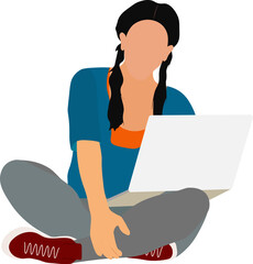 mujer sentada con piernas cruzadas, usando pc, notebook, laptop. fondo transparente