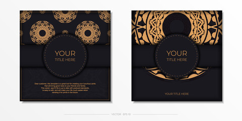 Invitation card template with place for your text and abstract ornament. Vector design of postcard in black color with orange ornament.