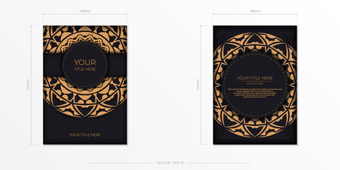 Vector Invitation card template with place for your text and abstract ornament. Black color postcard design with orange ornament.