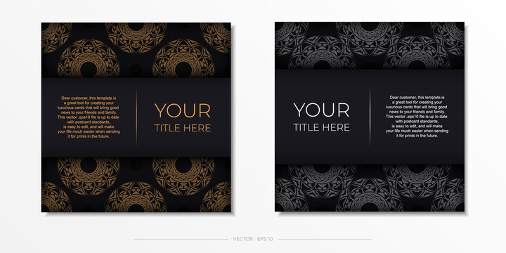 Vector invitation card with place for your text and abstract ornament. Black color postcard design with orange patterns.