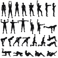 Big set of vector silhouette of sportive woman working out with dumbbells. Girl doing fitness exercises with weights for muscles of arms and legs. Fintess icons.
