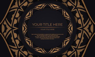 Black vector banner with luxury orange ornaments and place for your text and logo. Template for postcard print design with Greek patterns.