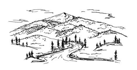 Horizontal mountain landscape with trees. Outdoor and hiking concept. Hand drawing mountain panorama. Sketch Vector illustration.