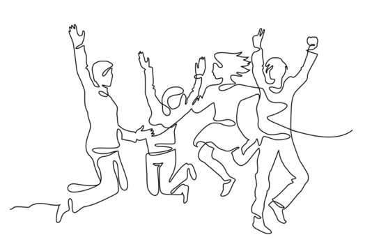 Continuous line drawing of happy people team jumping joy. People jumping one line continuous line drawing of four jumping happy team members