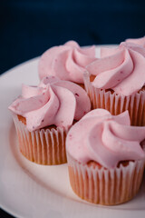 Close up of a plate of pink mini strawberry cupcakes