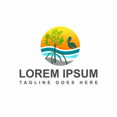 Fototapeta premium picture of ecosystem beach with Pelican bird logo design vector illustration