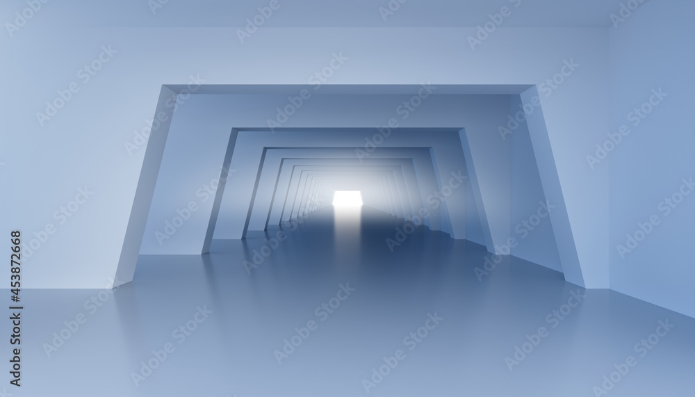 Poster 3d abstract futuristic corridor with white light at the end. 3d rendering