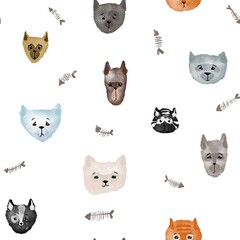 seamless pattern with different funny cats on a white background, digital watercolour illustration, design