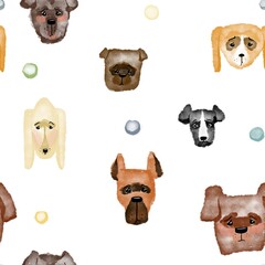 Seamless pattern with different dogs on a white background. Digital watercolour illustration 