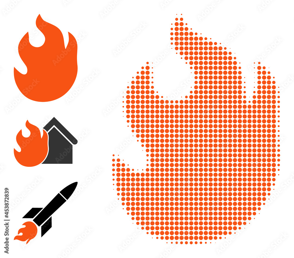 Poster halftone fire. dotted fire designed with small round pixels. vector illustration of fire icon on a w
