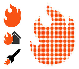 Halftone fire. Dotted fire designed with small round pixels. Vector illustration of fire icon on a white background. Halftone pattern contains round pixels.