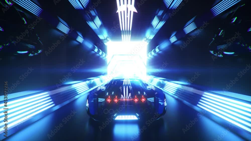 Poster the car rushes at high speed through an endless neon technology tunnel. futuristic concept. 3d anima