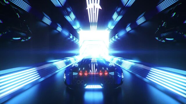 The car rushes at high speed through an endless neon technology tunnel. Futuristic concept. 3d Animation of seamless loop