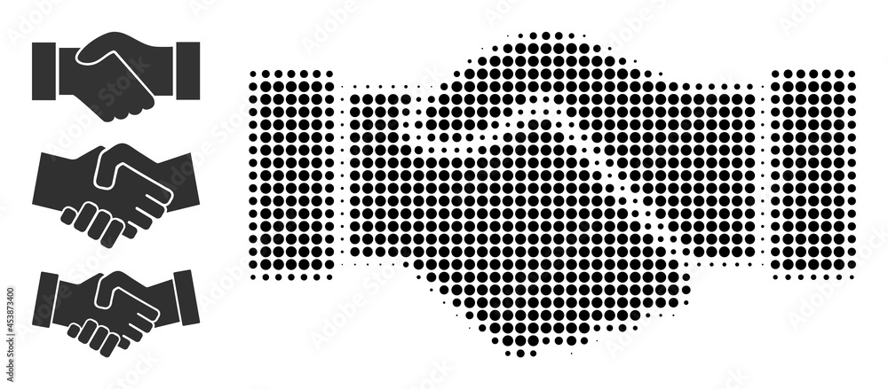 Poster halftone deal handshake. dotted deal handshake generated with small circle pixels. vector illustrati