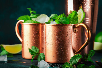 Moscow mule cocktail in copper mug with lime, ice, ginger beer, vodka and mint. Deep blue...