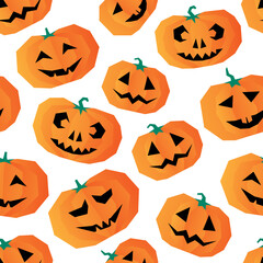 Scary Halloween pumpkins seamless pattern on white background. Orange carved pumpkins smile. Jack lanterns with spooky face backdrop for wrapping and wallpaper, textile and stationery