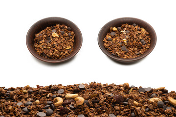 Chocolate granola cereal with nuts background.