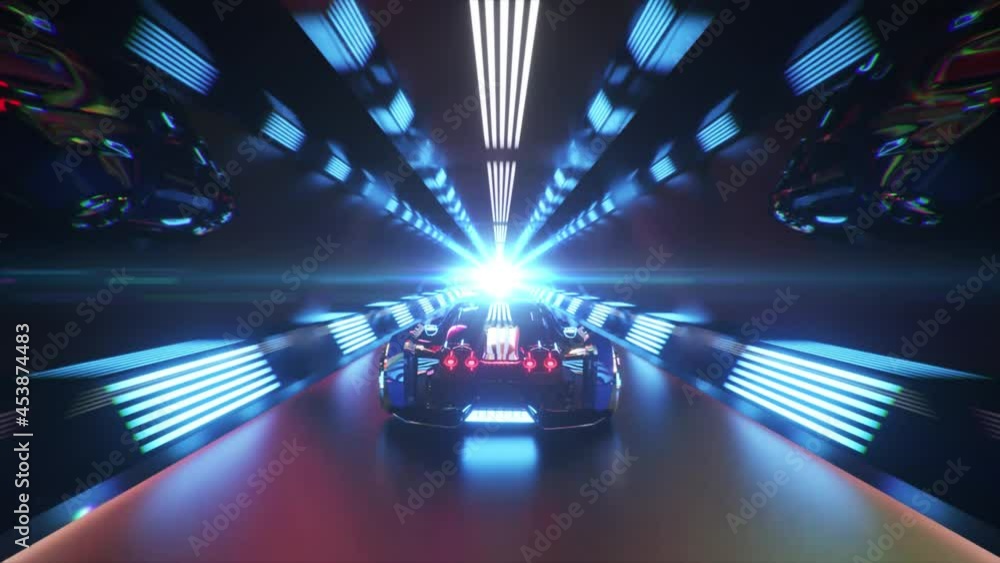 Poster the car rushes at high speed through an endless neon technology tunnel. futuristic concept. 3d anima