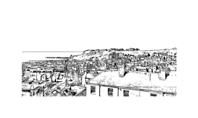 Building view with landmark of Hastings is a town in England. Hand drawn sketch illustration in vector.