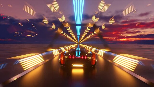 The car rushes at high speed through an endless neon technology tunnel. Futuristic concept. 3d Animation of seamless loop