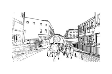 Building view with landmark of Hastings is a town in England. Hand drawn sketch illustration in vector.