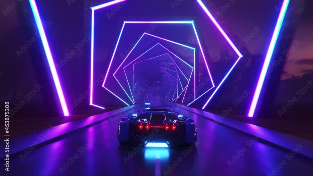 Poster the car rushes at high speed through an endless neon technology tunnel. futuristic concept. 3d anima